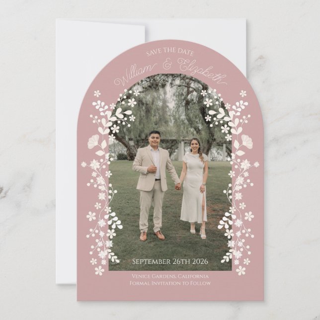 Convite Romântico Save the Date Floral em Tom Rosa Desbota (Frente)