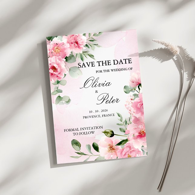 Convite Romântico Save the Date Floral Rosa Bege (Criador carregado)