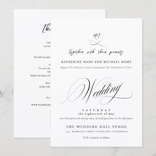 Convite Romântico Script Caligrafia Elegante Casamento (Frente/Verso)