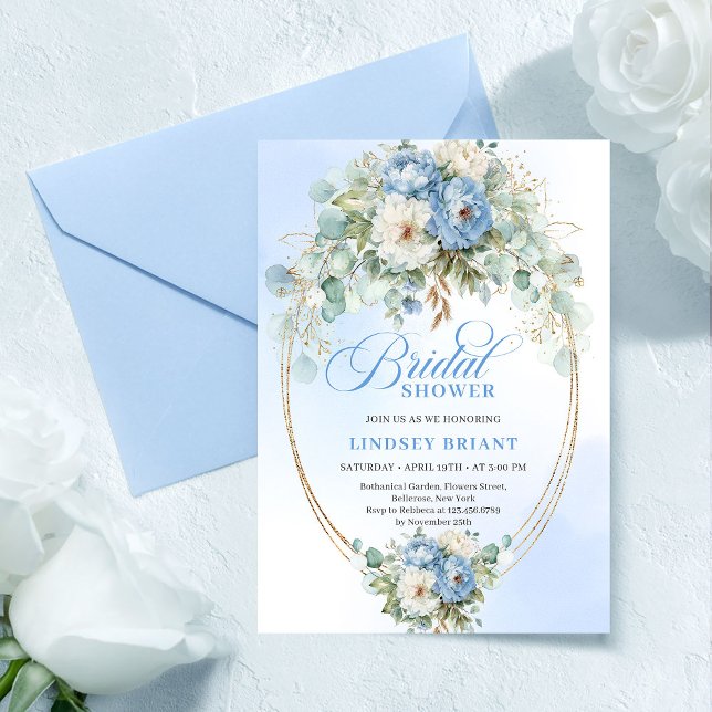 Convite Romântico Show de Noiva com Peônias em Azul Poeire (Romantic Dusty Blue Peonies Eucalyptus Bridal Shower

)