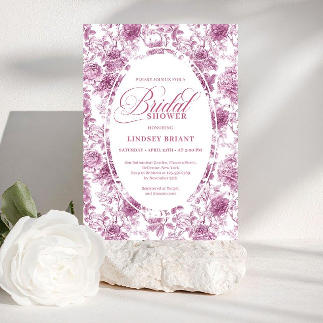 Convite Romântico Tomara-que-Caia Rosa Padrão Francês Toil (pink French toile de jouy,
Luxurious blush roses bridal shower,
dusty pink flowers botanical garden,)