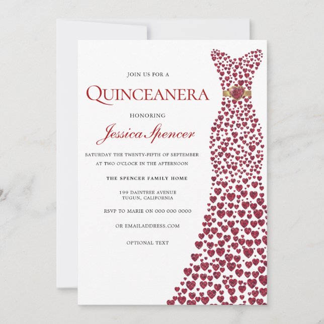 Convite Romântico Vermelho Cardíaco Vestido Quinceanera Co (Frente)