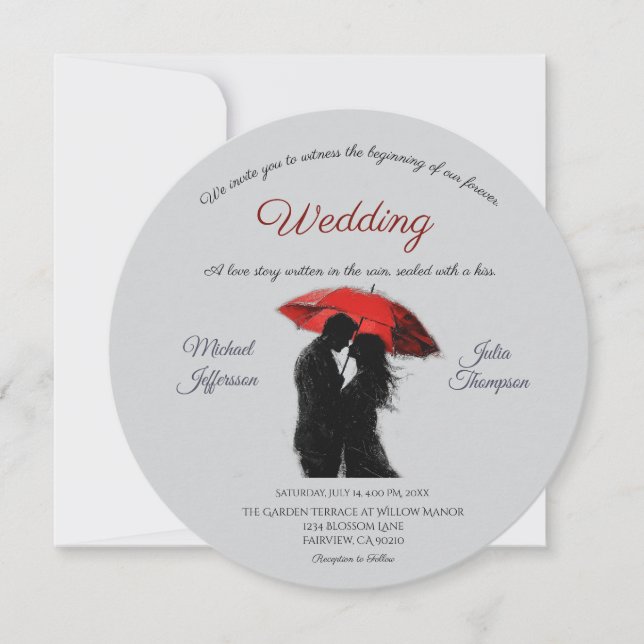 Convite Romântico Vermelho Guarda-chuvas Vermelho Parisien (Frente)