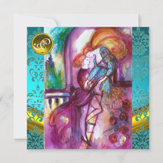 Convite ROMEO E JULIET Aqua Blue,Teal Damask Floral (Frente)