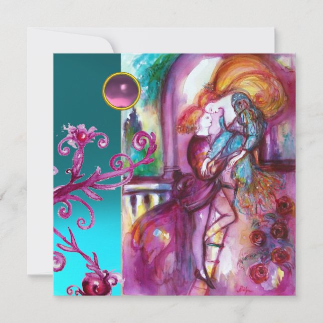 Convite ROMEO E JULIETA /Redemoinho Floral em Damasco Rosa (Frente)