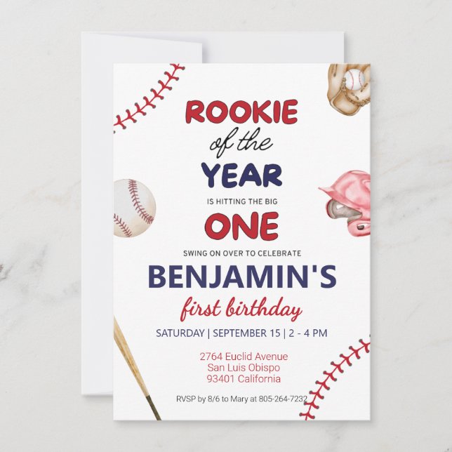 Convite Rookie Baseball Red primeiro aniversario (Frente)