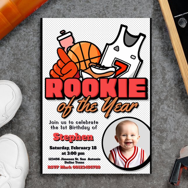 Convite Rookie do Ano - Boy First Birthday Basball (Rookie of the Year - Boy First Birthday Basketball Invitation with Photo Picture)
