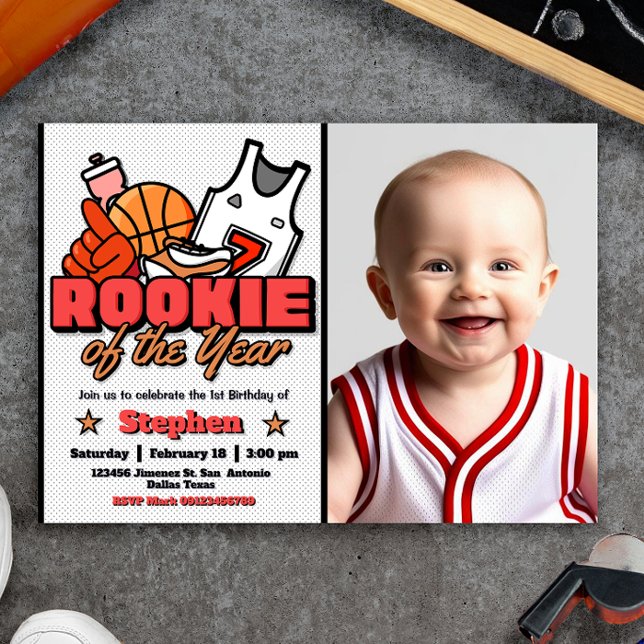 Convite Rookie do Ano - Boy First Birthday Basball (Rookie of the Year - Boy First Birthday Basketball Landscape Invitation with Photo Picture)