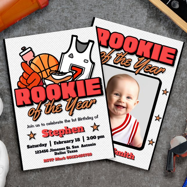 Convite Rookie do Ano - Boy First Birthday Basball (Rookie of the Year - Boy First Birthday Basketball Invitation with Photo Picture)