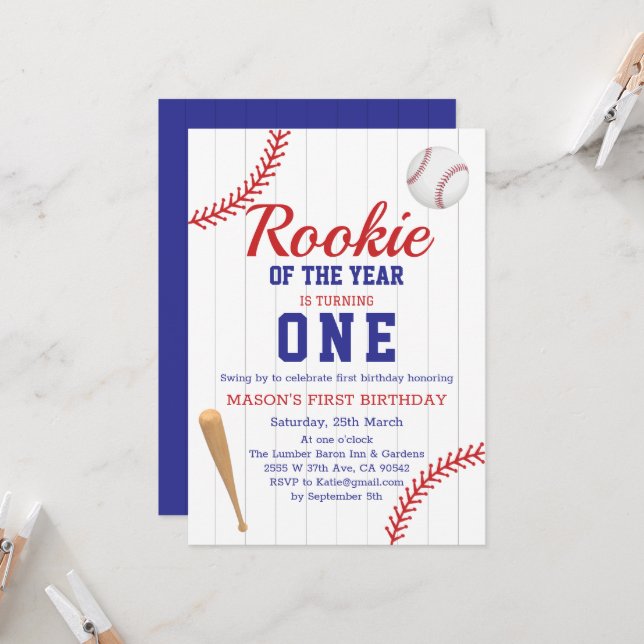 Convite Rookie Do Ano Do primeiro aniversario De Beisebol (Frente/Verso In Situ)