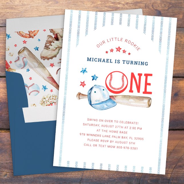 Convite Rookie do Ano do primeiro aniversario do Baseball  (1st Birthday Party Invite - Baseball Themed)