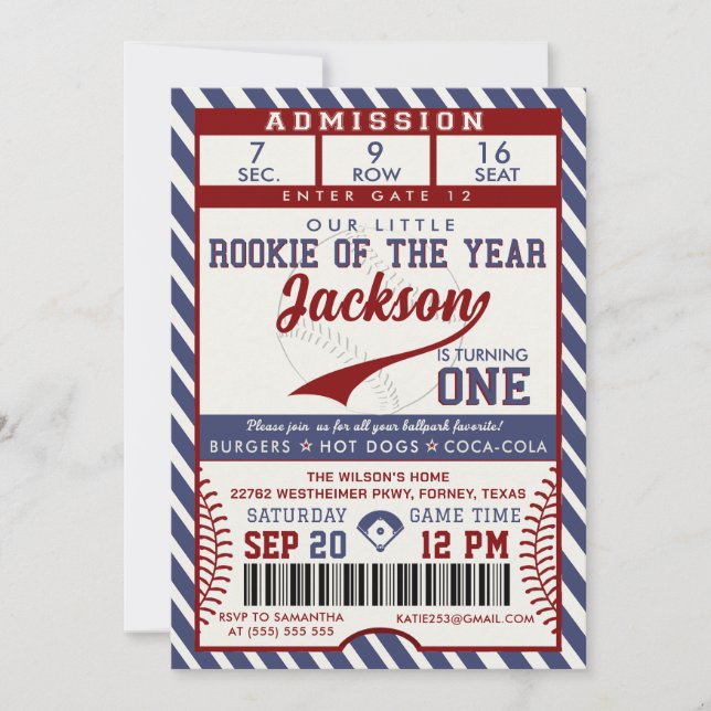 Convite Rookie of the Year 1st Birthday Baseball Ticket (Frente)