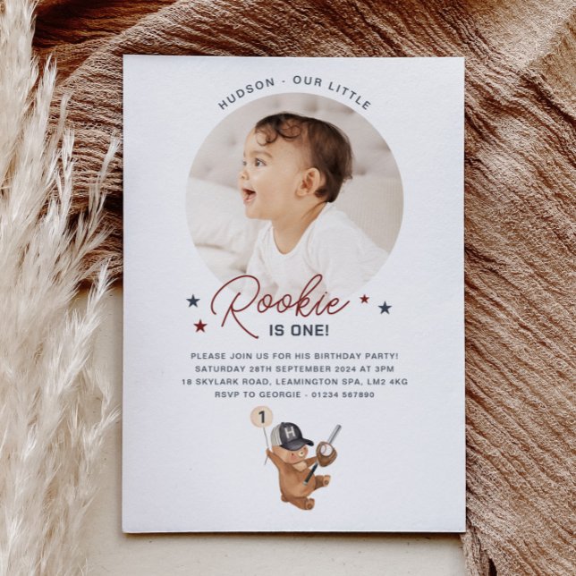 Convite Rookie primeiro aniversario Bear - Foto (Bear with 3 Brown Balloons - Photo Birthday Invitation)