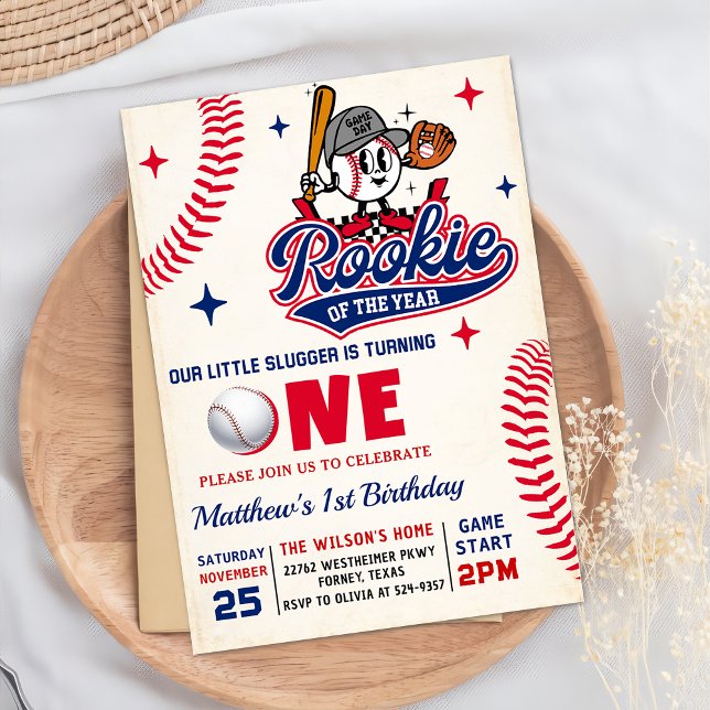 Convite Rookie Retro do Ano do primeiro aniversario Baseba (Criador carregado)