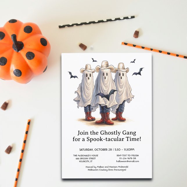 Convite Rootin' Tootin' Cowboy Fantasma Halloween Ocidenta (Personalize your invitation with your event details. Have a Spook-tacular Halloween!)