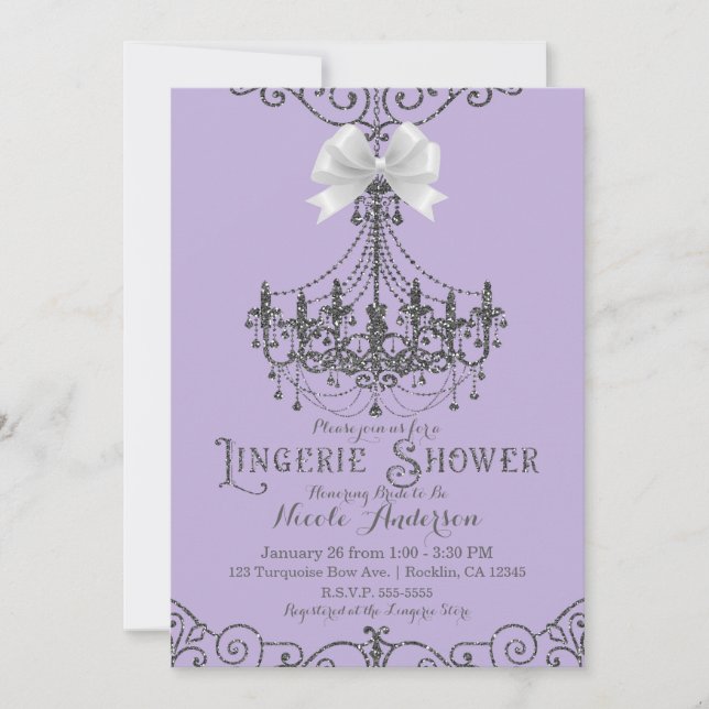 Convite Ropa Interior com Laço Branco Roxo e Prata para o  (Frente)