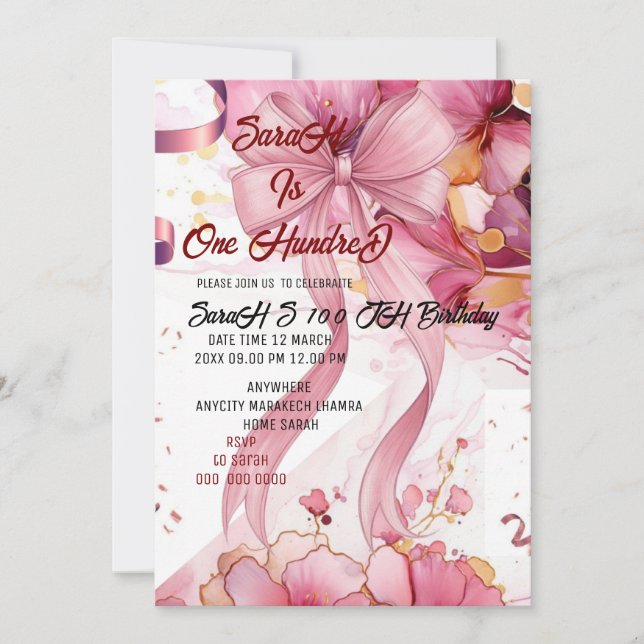 Convite Rosa 100º presente de aniversário (Frente)