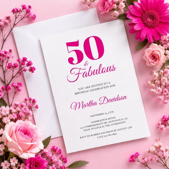 Convite Rosa 50 & Fabuloso Celebração Elegante (Pink 50 & Fabulous Elegant Celebration Invitation)