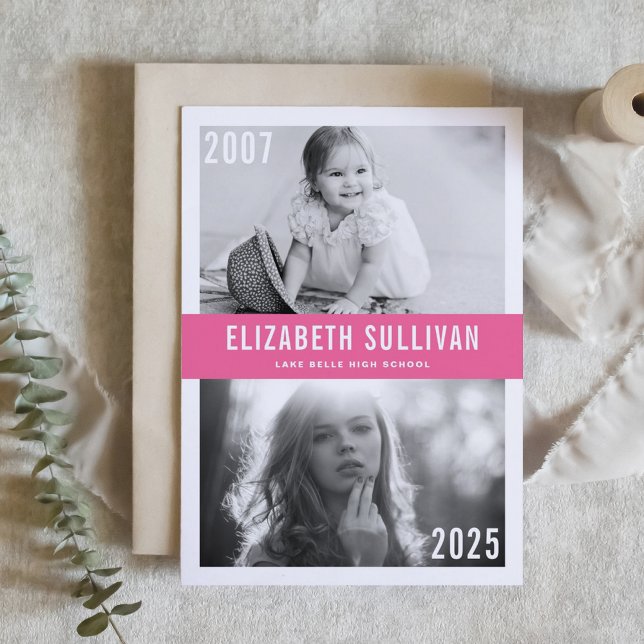 Convite Rosa Agora e Depois Graduação de Colagem de Fotos (Customizable 'Then and Now' Photo Graduation Invitation with pink background – Personalized Invite)