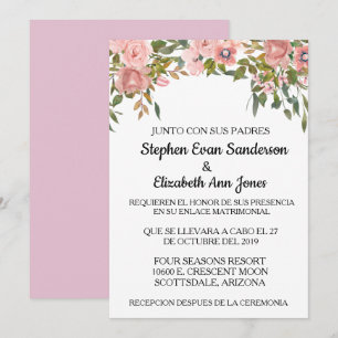 Convite Rosa Água Rosa de Casamento Espanhol Rosa Água-Mar