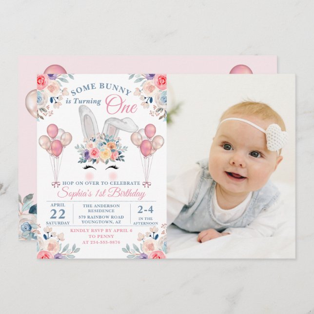 Convite Rosa Algumas Fotografias De primeiro aniversario D (Frente/Verso)