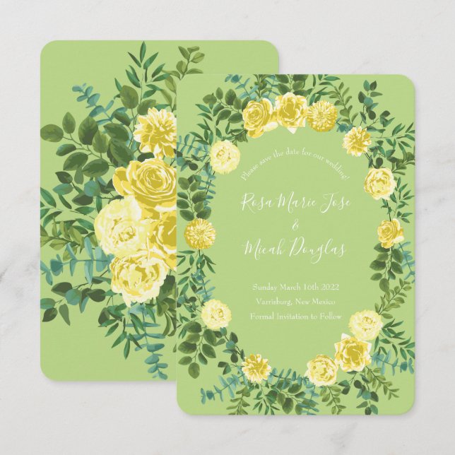Convite Rosa Amarela e Verde Primavera Casamento Vintage (Frente/Verso)
