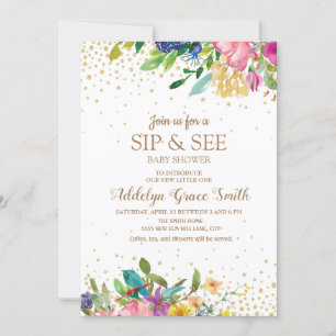 Convite Rosa Amarelo Azul Floral Dourado Brilho Sip See