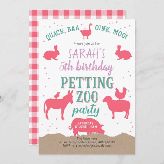 Convite Rosa, Animais De Fazenda, Garota, Aniversário Do J (Frente/Verso)
