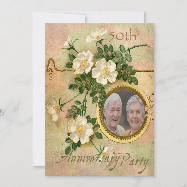 Convite Rosa Antiga 50º Aniversário Foto Personalizada (Frente)