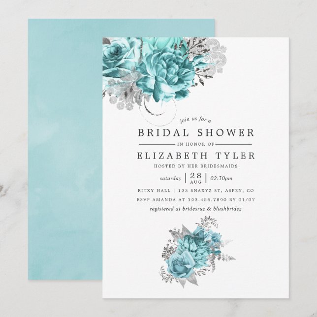 Convite Rosa Aqua e Silver Vintage Shabby (Frente/Verso)