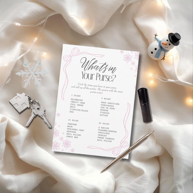 Convite Rosa Arco de inverno O que há na sua bolsa? Jogo (Winter Bow pink What's In your Purse? Game)