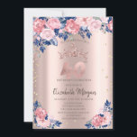 Convite Rosa Azul de Rosa Azul de Tiara Diamantes, anivers<br><div class="desc">Dourada tiara,  rosas azuis e diamantes em um fundo rosa de ouro.</div>