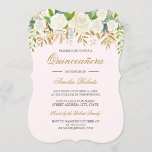 Convite Rosa Azul Dourado Floral Folha Aquarela Quinceaner