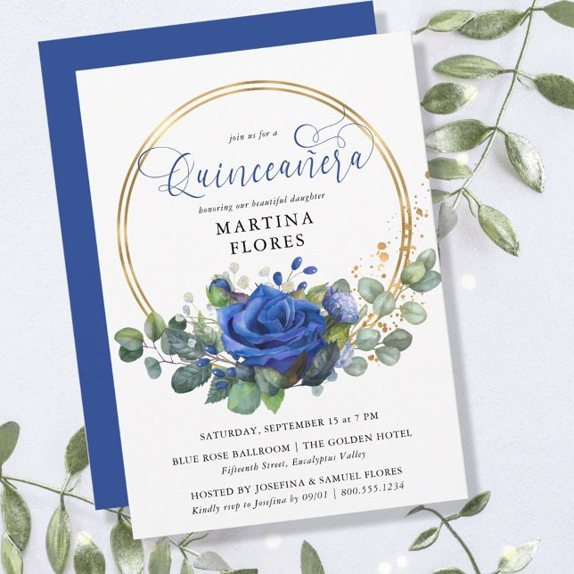 Convite Rosa azul e Eucalyptus Elegante Quinceanera (Criador carregado)