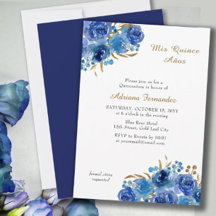 Convite Rosa Azul e Folha de Ouro Quince Anos Quinceanera