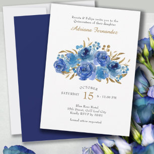 Convite Rosa Azul e Folha de Ouro Quinceanera