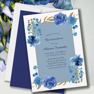 Convite Rosa Azul e Folha Dourada Elegante Floral Quincean