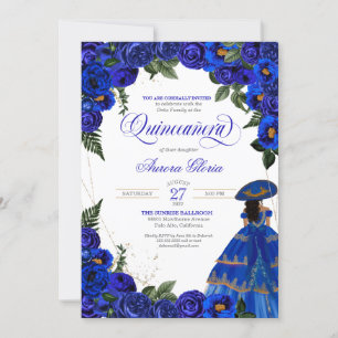 Convite Rosa azul Elegante Charro Vestido Floral Quinceane