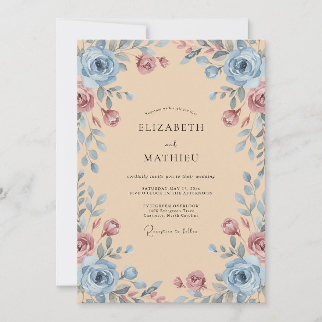 Convite Rosa Azul Empoeirada Casamento Caprichoso (Frente)