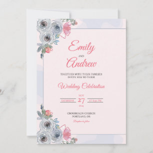 Convite Rosa Azul Empoeirada Elegante Floral Aquarela Casa