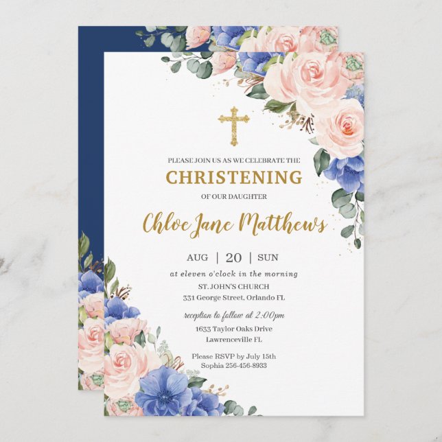 Convite Rosa Azul Floral Dourado Batismo Batizado  (Frente/Verso)