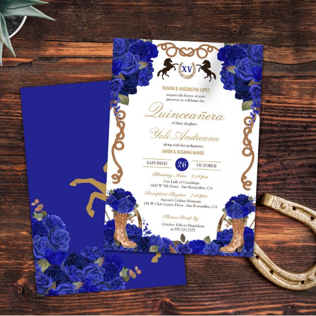 Convite Rosa Azul Marinho Ocidental Charro Quinceañera (Criador carregado)
