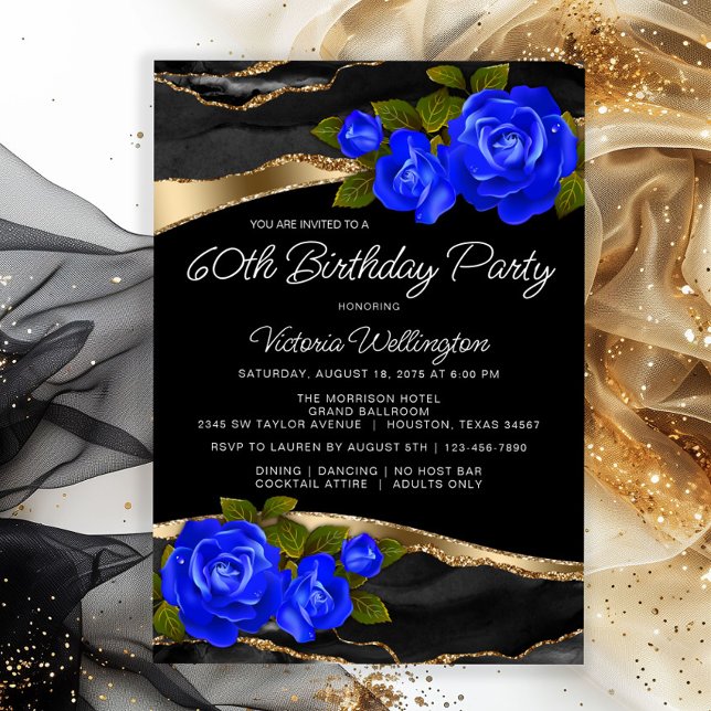 Convite Rosa Azul Ouro Preto Aniversário Qualquer Número (Elegant blue roses on a beautiful black and gold background any number birthday or event invitation.)