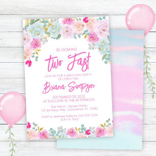 Convite Rosa Azul Pêssego Floral Muito Rápido Aniversário