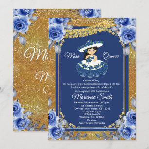 Convite Rosa Azul Real Dourada Quinceañera 