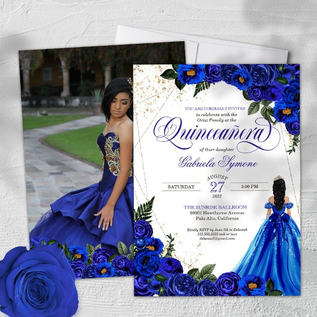 Convite Rosa Azul Real e Foto Elegante Dourada Quinceañera (Criador carregado)