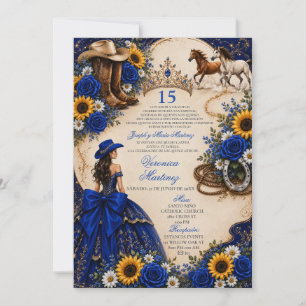 Convite Rosa Azul Real Girassol Ocidental Quinceañera 