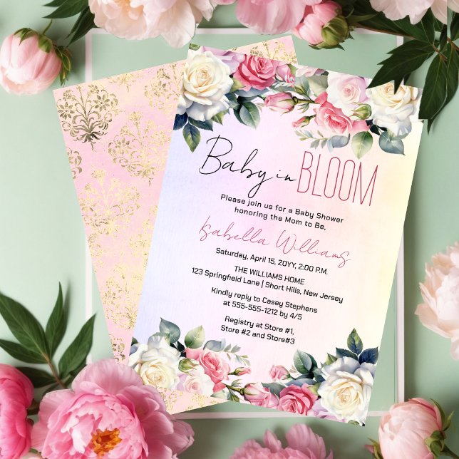Convite Rosa bebê em Bloom Chá de fraldas Floral (Pink and White Roses Baby in Bloom Girl Floral Baby Shower Invitation)
