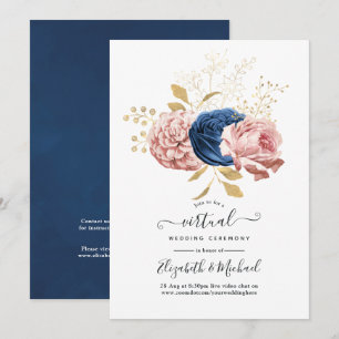 Convite Rosa Bege, Azul Marinho e Floral Dourado Casamento
