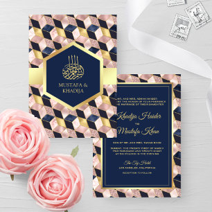 Convite Rosa Bege Azul Marinho Geométrico Casamento Muçulm